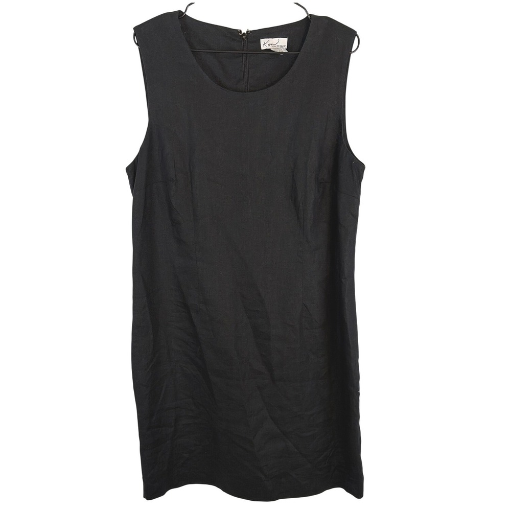 Womens Linen‎ LBD Minimalist Classic Office Wear Shift Dress Sleeveless Black 16